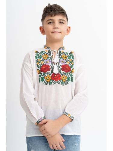 Bluza Traditionala Pentru Baieti din Bumbac Alb cu Broderie Colorata 1-2 Ani (79-91cm)